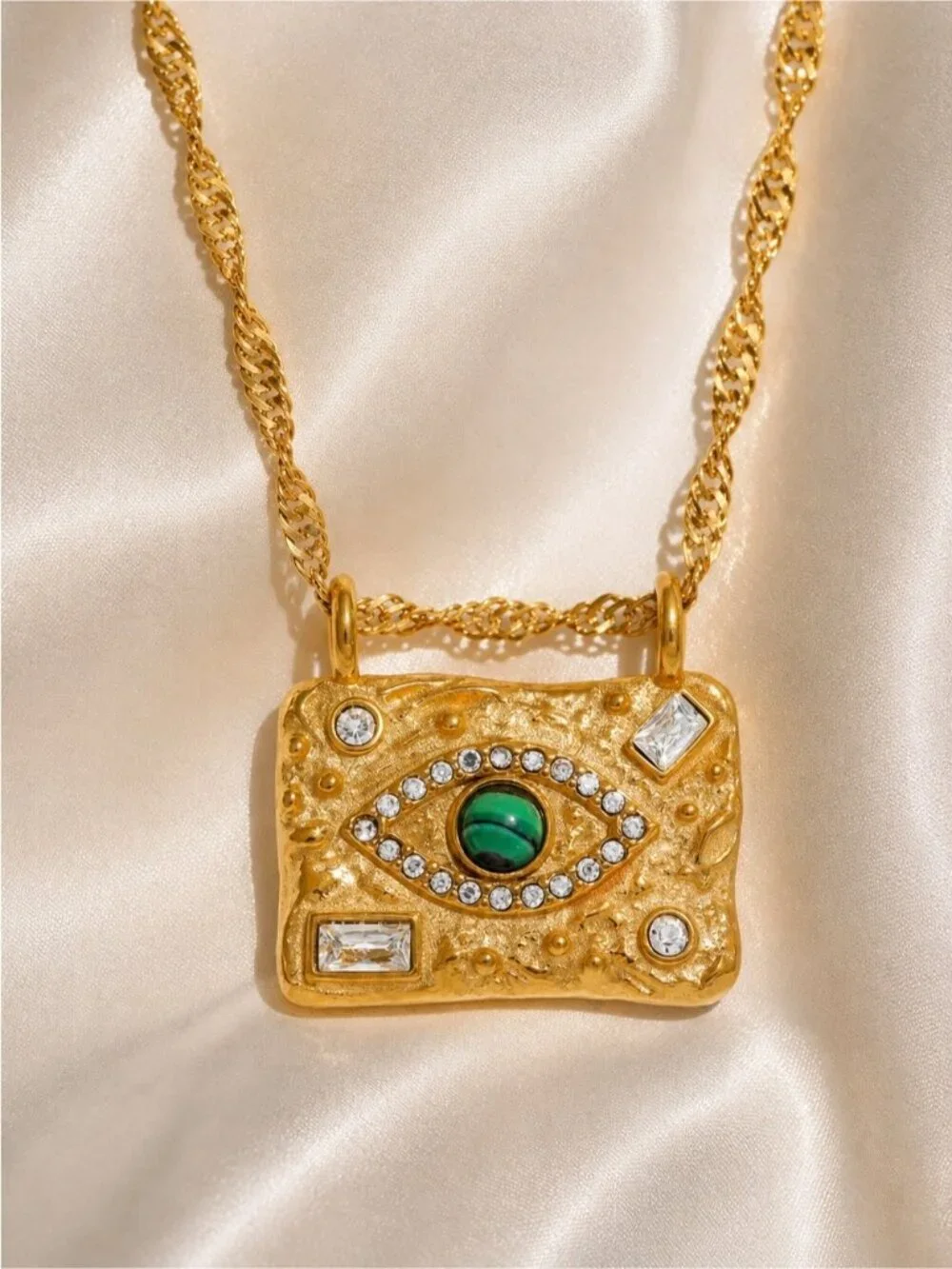 Gold Square Pendant Necklace with Green Stone - Women Jewelry